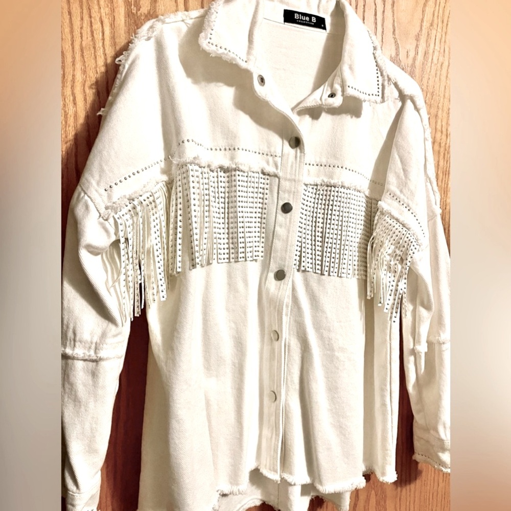 Denim Beaded-Fringed Metal Button-Up Jacket Shirt, S